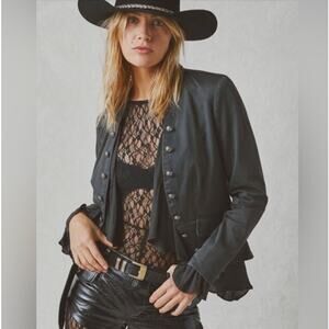 Free People Ruffled Military Romantic Jacket XS Washed Black